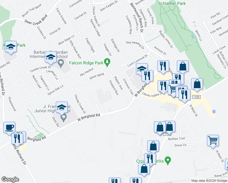 map of restaurants, bars, coffee shops, grocery stores, and more near 204 Firebird Run in Cibolo