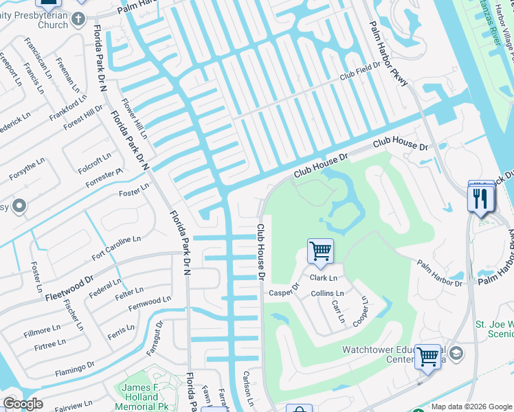 map of restaurants, bars, coffee shops, grocery stores, and more near 50 Club House Drive in Palm Coast