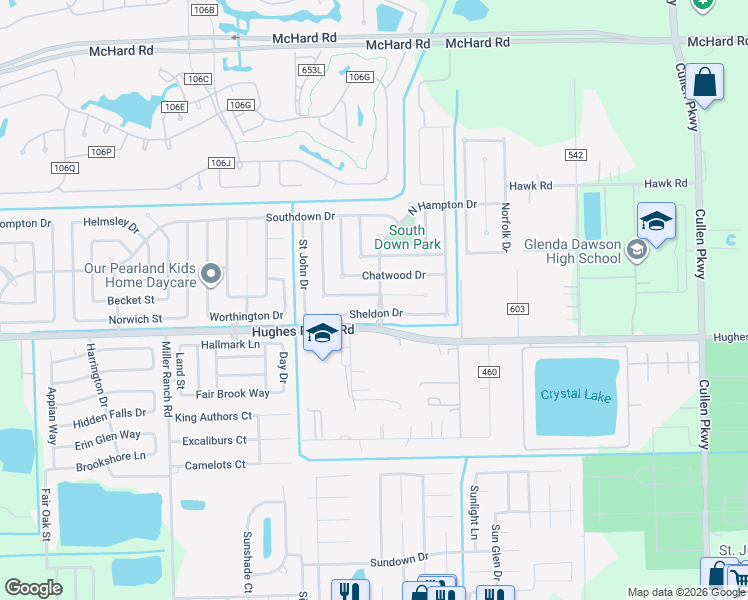 map of restaurants, bars, coffee shops, grocery stores, and more near 3607 Wellington Drive in Pearland