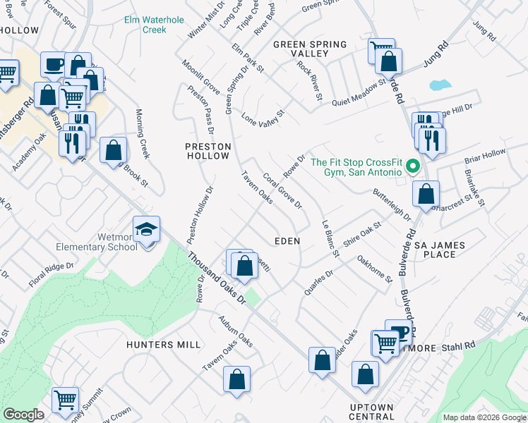 map of restaurants, bars, coffee shops, grocery stores, and more near 3239 Falcon Grove Drive in San Antonio