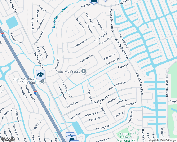 map of restaurants, bars, coffee shops, grocery stores, and more near 110 Forsythe Lane in Palm Coast