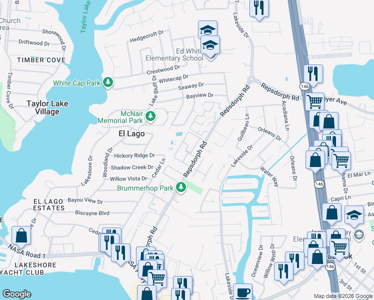 map of restaurants, bars, coffee shops, grocery stores, and more near 2555 Repsdorph Road in Seabrook