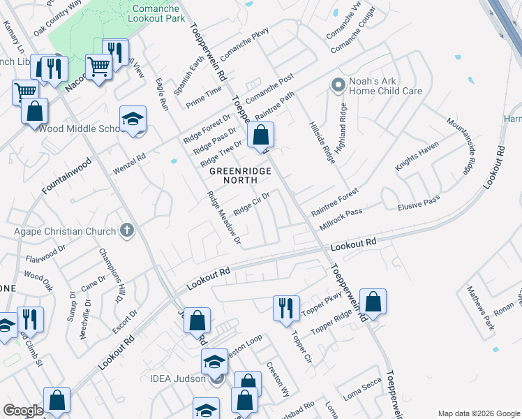 map of restaurants, bars, coffee shops, grocery stores, and more near 6435 Ridge Circle Drive in San Antonio