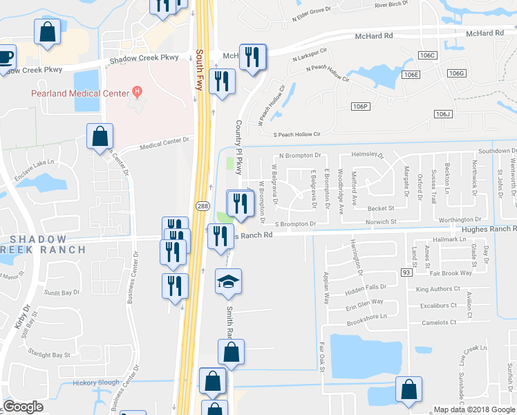 map of restaurants, bars, coffee shops, grocery stores, and more near 1134 West Brompton Drive in Pearland