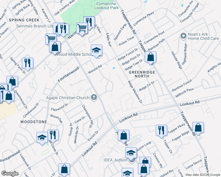 map of restaurants, bars, coffee shops, grocery stores, and more near 14442 Woods Hole Drive in San Antonio