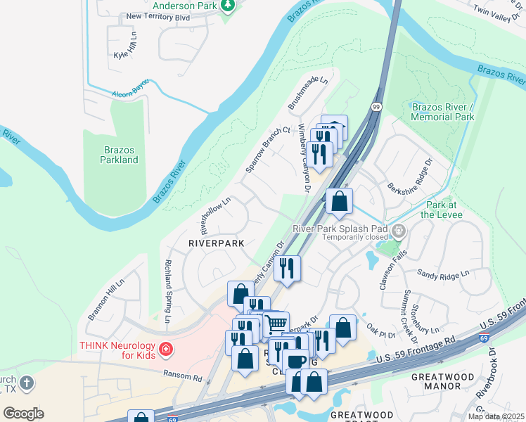 map of restaurants, bars, coffee shops, grocery stores, and more near 5518 Gable Meadows Drive in Sugar Land