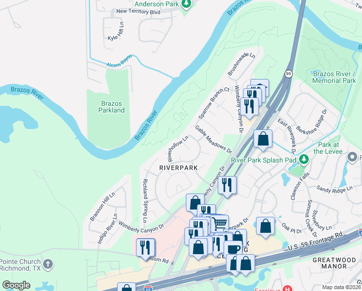 map of restaurants, bars, coffee shops, grocery stores, and more near 2630 Riverhollow Lane in Sugar Land