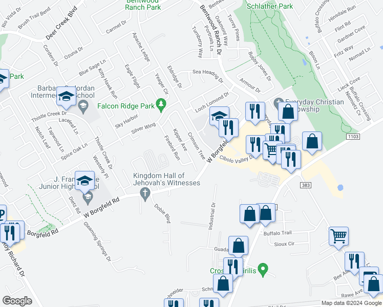 map of restaurants, bars, coffee shops, grocery stores, and more near 221 Kipper Avenue in Cibolo