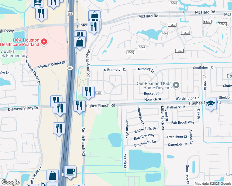 map of restaurants, bars, coffee shops, grocery stores, and more near 2715 South Belgravia Drive in Pearland