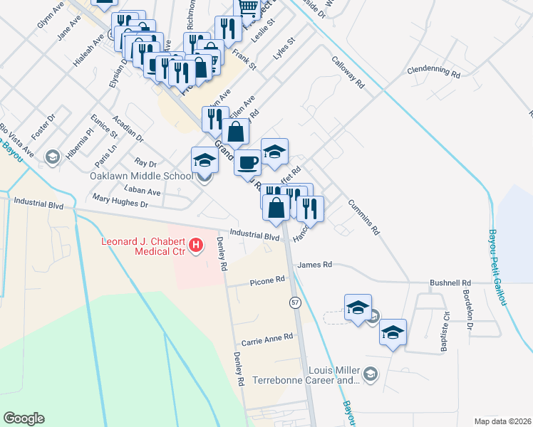 map of restaurants, bars, coffee shops, grocery stores, and more near 1474-1564 Grand Caillou Road in Houma