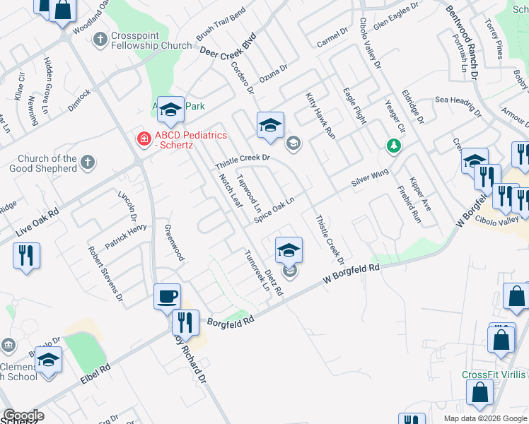 map of restaurants, bars, coffee shops, grocery stores, and more near 181 Tapwood Lane in Cibolo