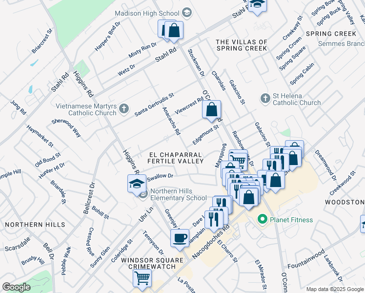 map of restaurants, bars, coffee shops, grocery stores, and more near 5023 Anacacho Street in San Antonio