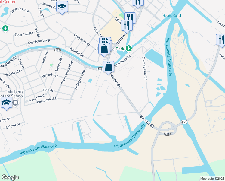 map of restaurants, bars, coffee shops, grocery stores, and more near 3166 State Route 315 in Houma