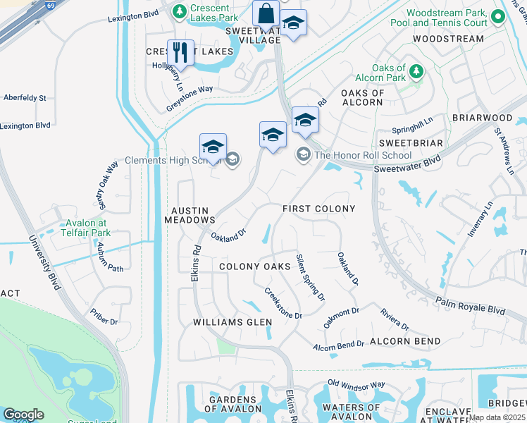 map of restaurants, bars, coffee shops, grocery stores, and more near 3014 Oakland Drive in Sugar Land