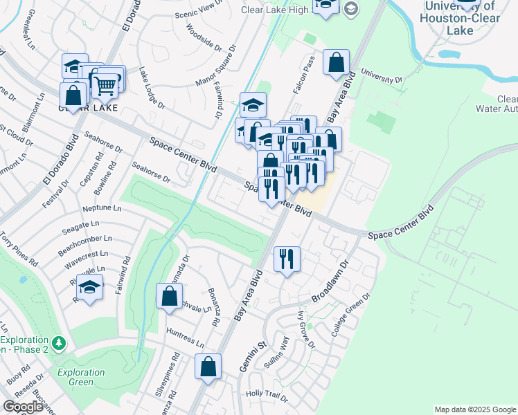 map of restaurants, bars, coffee shops, grocery stores, and more near 2305 Bay Area Boulevard in Houston
