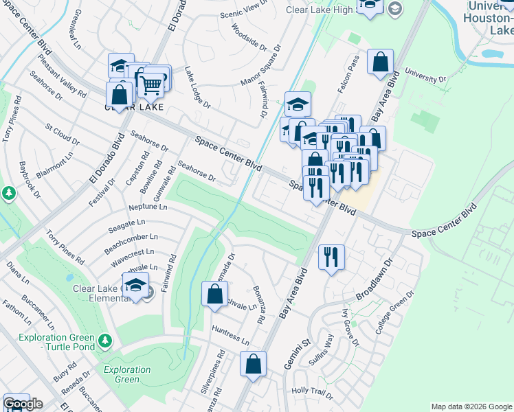 map of restaurants, bars, coffee shops, grocery stores, and more near 16104 Seahorse Drive in Houston