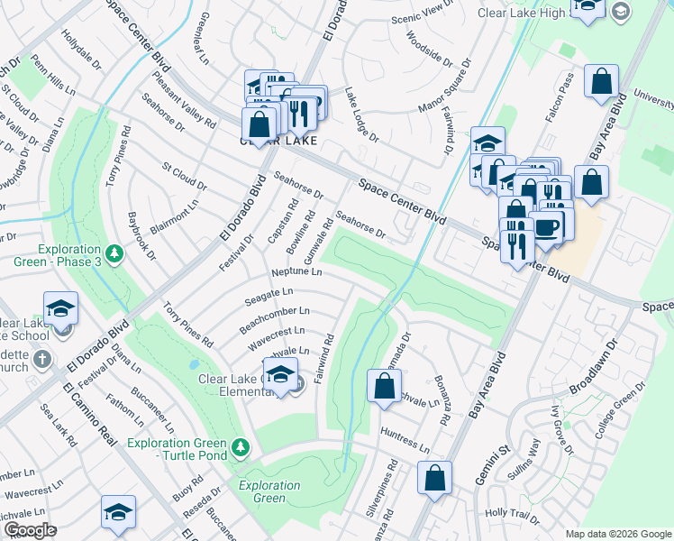map of restaurants, bars, coffee shops, grocery stores, and more near 1635 Neptune Lane in Houston
