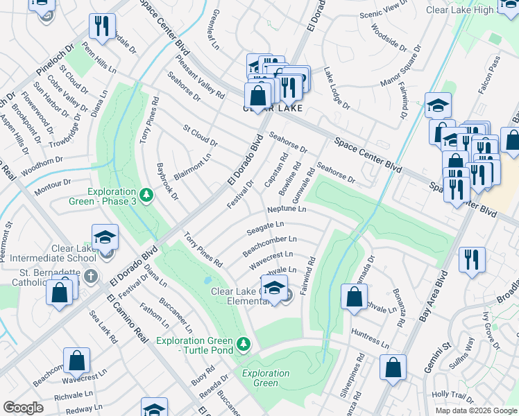 map of restaurants, bars, coffee shops, grocery stores, and more near 15711 Seavale Road in Houston