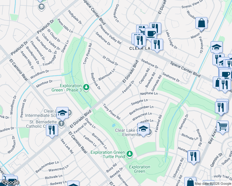 map of restaurants, bars, coffee shops, grocery stores, and more near 1510 El Dorado Boulevard in Houston