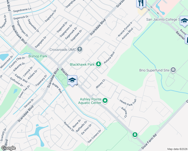 map of restaurants, bars, coffee shops, grocery stores, and more near 12111 Bradenway Lane in Houston
