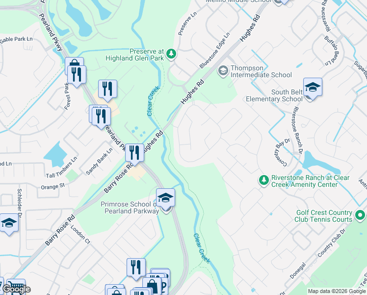 map of restaurants, bars, coffee shops, grocery stores, and more near 1917 Laguna Ridge Lane in Houston