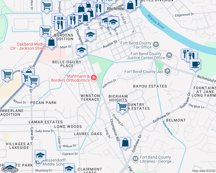 map of restaurants, bars, coffee shops, grocery stores, and more near 903 Hillcrest Drive in Richmond