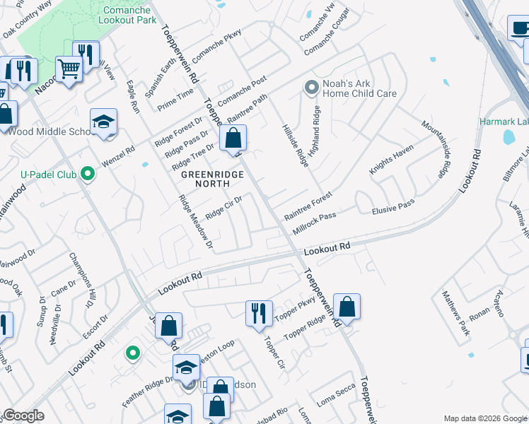 map of restaurants, bars, coffee shops, grocery stores, and more near 14514 Toepperwein Road in San Antonio