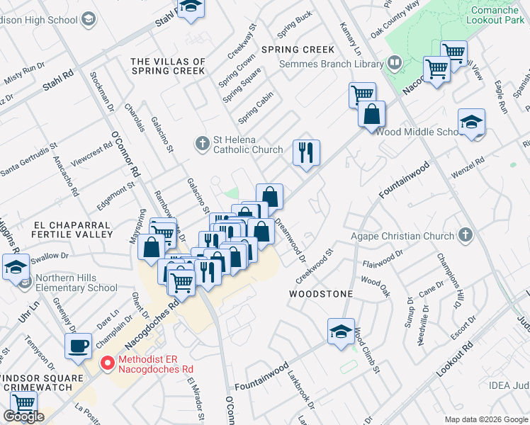 map of restaurants, bars, coffee shops, grocery stores, and more near 5439 Friesenhahn Court in San Antonio