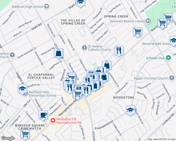 map of restaurants, bars, coffee shops, grocery stores, and more near 14507 Devout in San Antonio