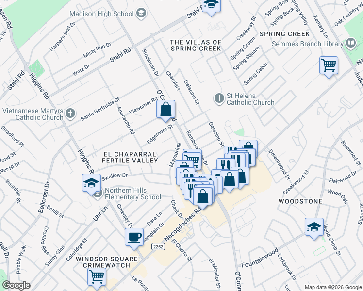 map of restaurants, bars, coffee shops, grocery stores, and more near 5024 Mayspring in San Antonio