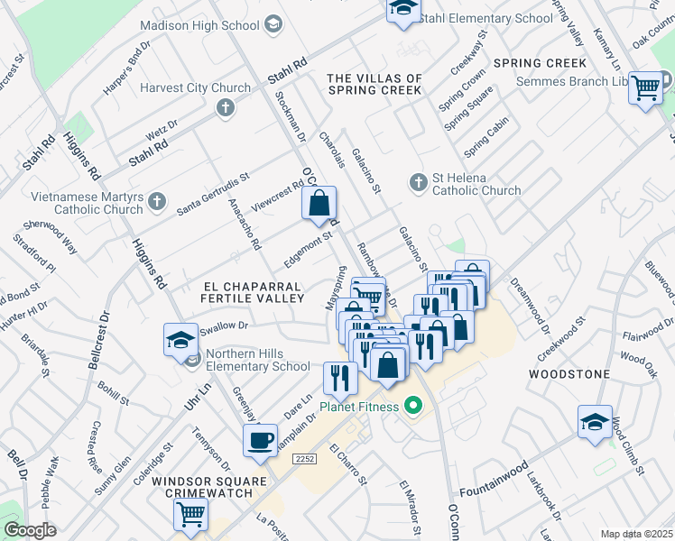 map of restaurants, bars, coffee shops, grocery stores, and more near 5024 Mayspring in San Antonio