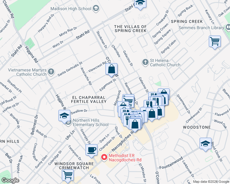 map of restaurants, bars, coffee shops, grocery stores, and more near 5024 Mayspring in San Antonio