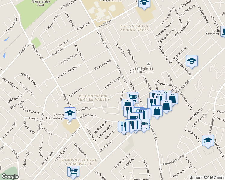 map of restaurants, bars, coffee shops, grocery stores, and more near 14409 Watermill in San Antonio