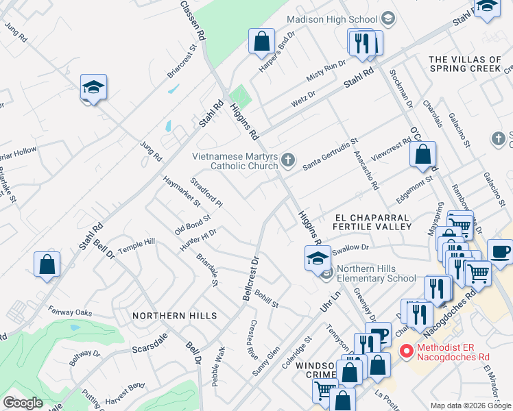 map of restaurants, bars, coffee shops, grocery stores, and more near 4543 Sherwood Way in San Antonio