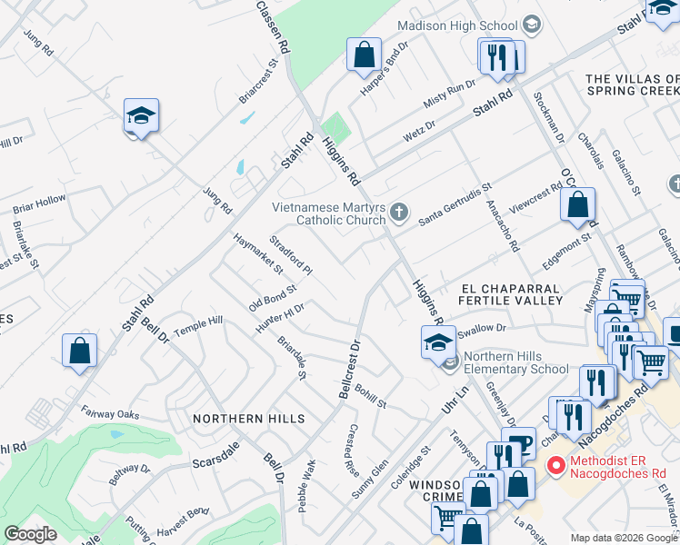 map of restaurants, bars, coffee shops, grocery stores, and more near 4543 Sherwood Way in San Antonio
