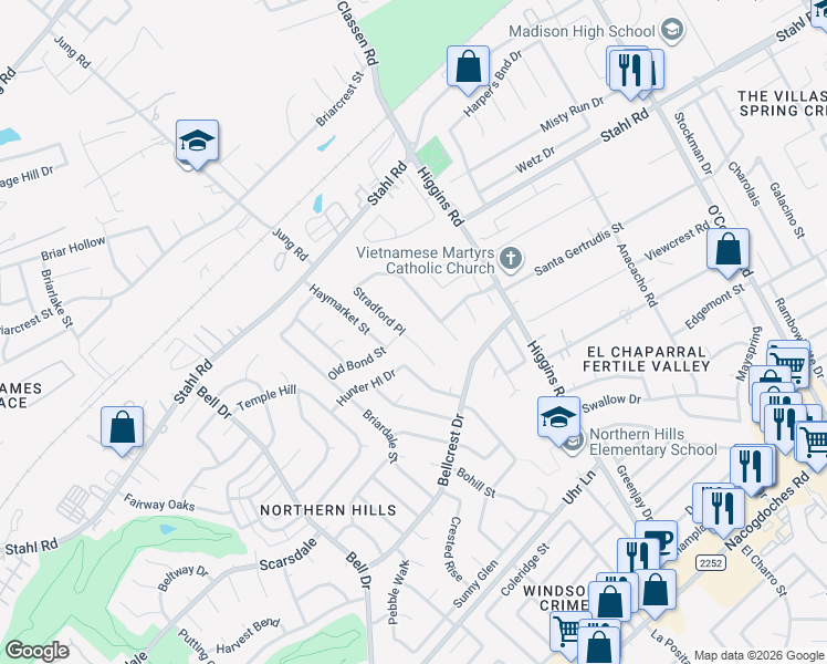 map of restaurants, bars, coffee shops, grocery stores, and more near 4467 Stradford Place in San Antonio