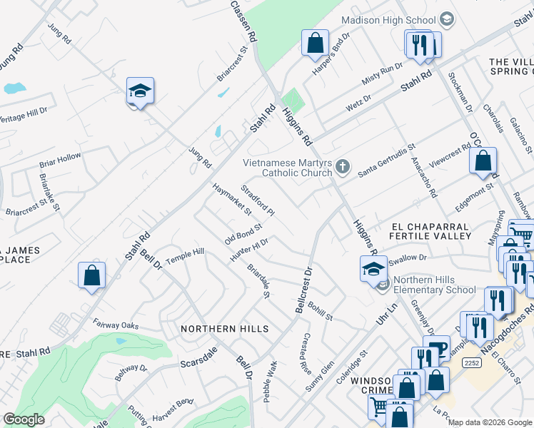 map of restaurants, bars, coffee shops, grocery stores, and more near 4467 Stradford Place in San Antonio