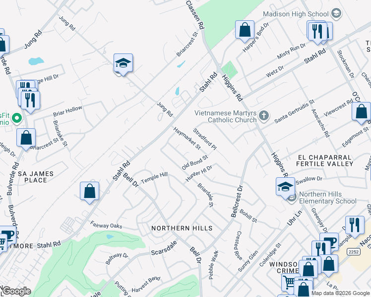 map of restaurants, bars, coffee shops, grocery stores, and more near 14114 Kramme Circle in San Antonio