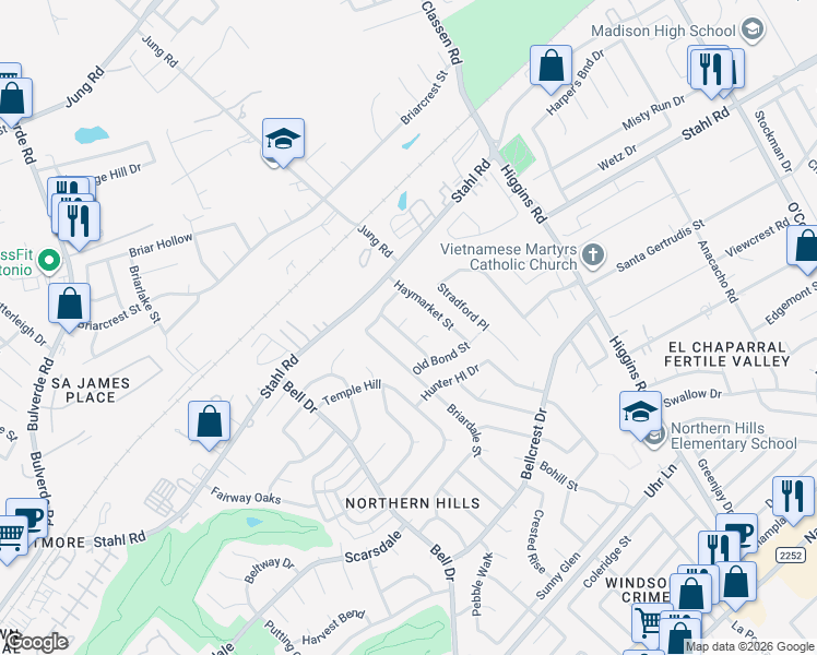 map of restaurants, bars, coffee shops, grocery stores, and more near 14114 Kramme Circle in San Antonio