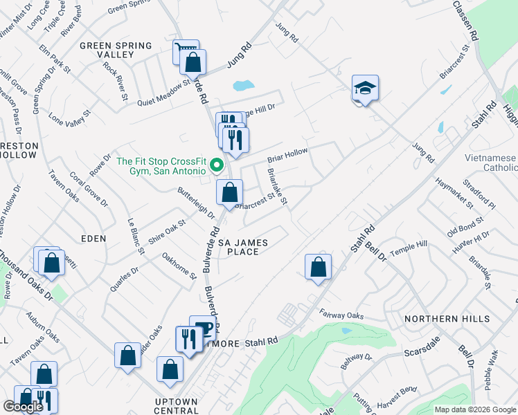 map of restaurants, bars, coffee shops, grocery stores, and more near 3827 Briarcrest Street in San Antonio