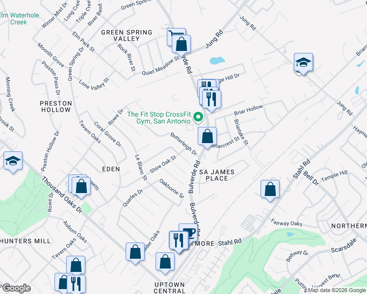 map of restaurants, bars, coffee shops, grocery stores, and more near 3406 Butterleigh in San Antonio