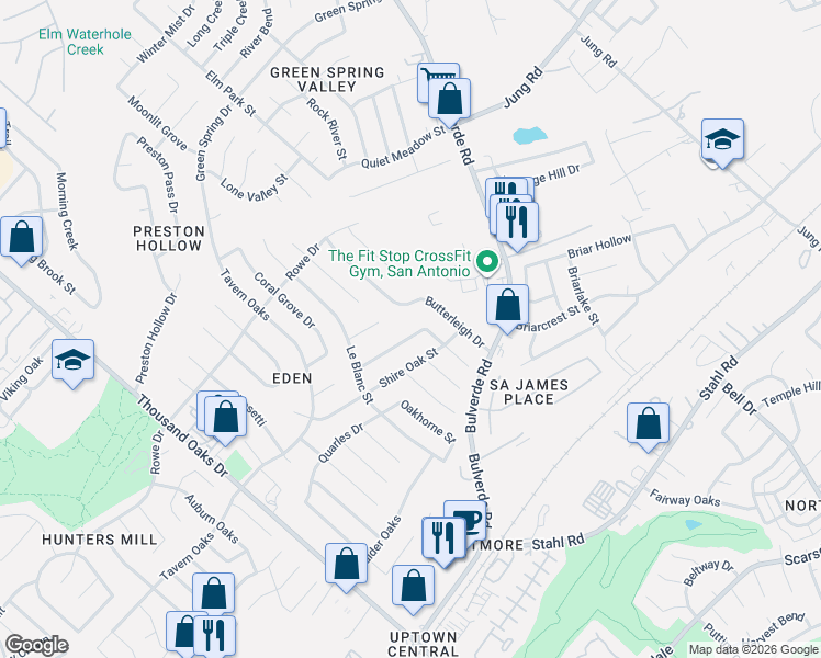 map of restaurants, bars, coffee shops, grocery stores, and more near 3364 Butterleigh in San Antonio