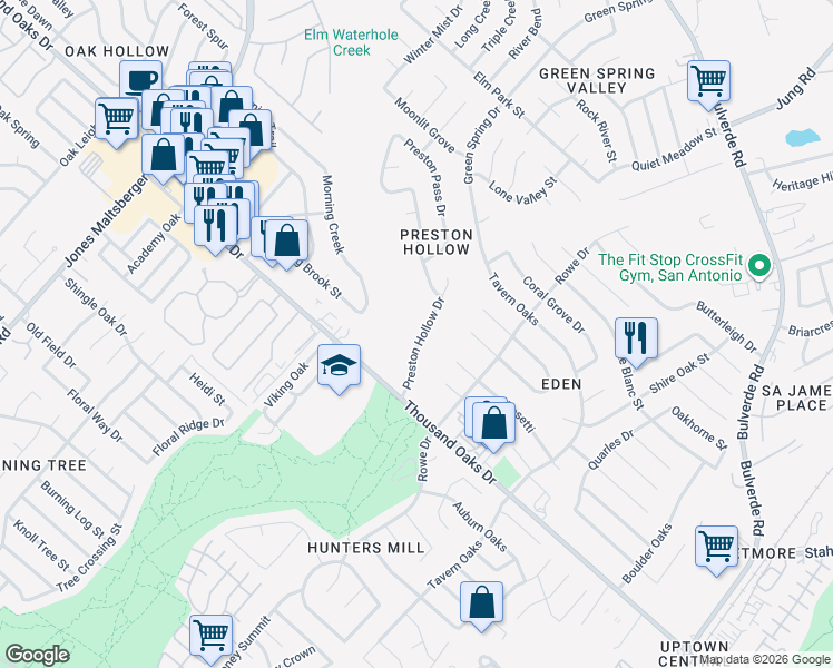 map of restaurants, bars, coffee shops, grocery stores, and more near 15058 Preston Hollow Drive in San Antonio