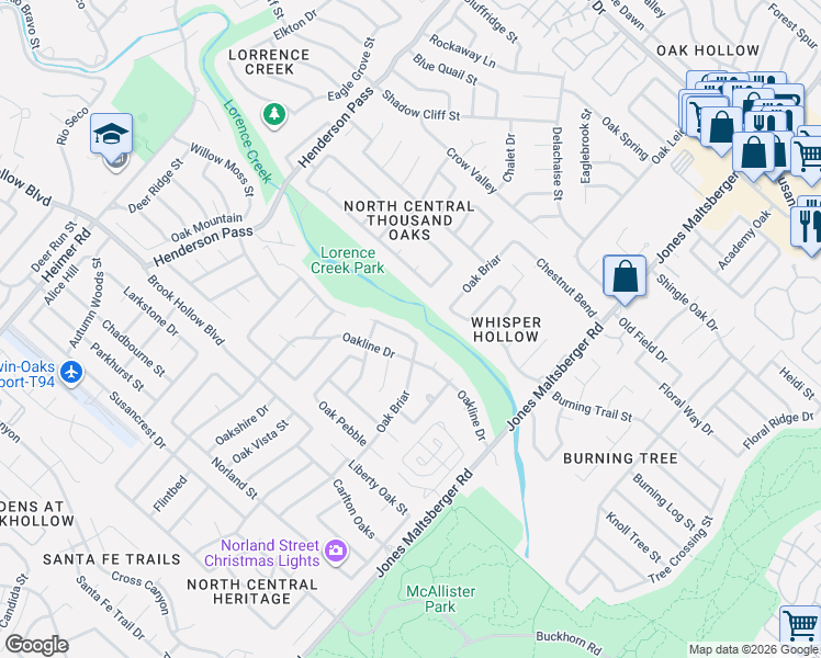 map of restaurants, bars, coffee shops, grocery stores, and more near 2323 Oak Castle in San Antonio