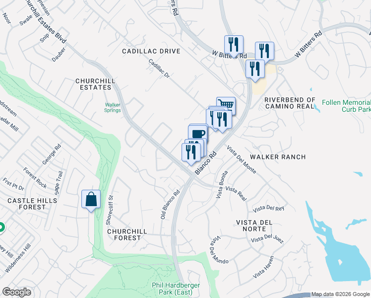 map of restaurants, bars, coffee shops, grocery stores, and more near 14231 Bold Ruler Street in San Antonio