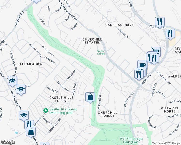 map of restaurants, bars, coffee shops, grocery stores, and more near 2602 Mushroom Trail in San Antonio