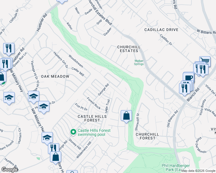 map of restaurants, bars, coffee shops, grocery stores, and more near 13706 Wilderness Creek Drive in San Antonio