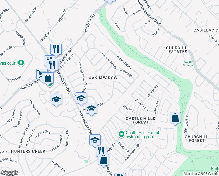 map of restaurants, bars, coffee shops, grocery stores, and more near 2603 Indian Ridge Drive in San Antonio