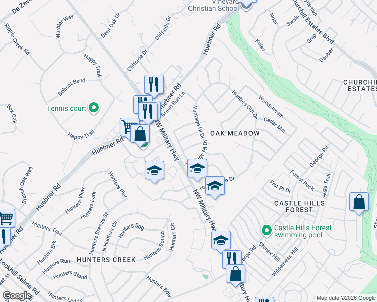 map of restaurants, bars, coffee shops, grocery stores, and more near 2910 Sky Cliff in San Antonio