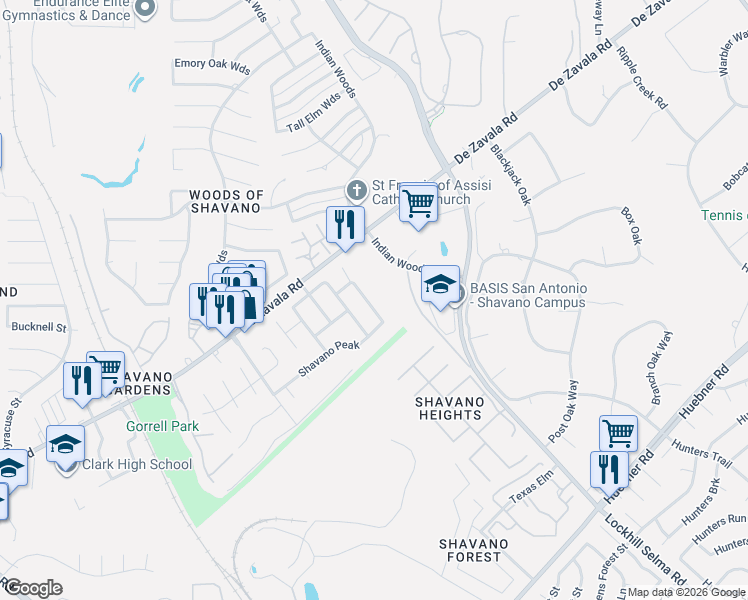 map of restaurants, bars, coffee shops, grocery stores, and more near 13734 Shavano Wind in San Antonio